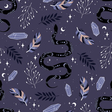 Vector Magic Seamless Pattern With Feathers, Snakes, Crystals, Moon And Stars. Mystical Esoteric Background For Design Of Fabric, Astrology, Phone Case.