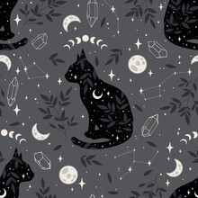 Seamless Pattern With Cats, Crystals, Moon And Plants On Dark Gray Background. Vector Halloween Background In Flat Style. For Textiles, Clothing