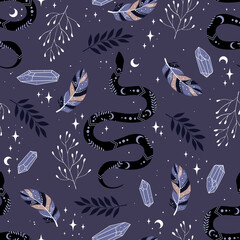 Wall Mural - Vector magic seamless pattern with feathers, snakes, crystals, moon and stars. Mystical esoteric background for design of fabric, astrology, phone case.