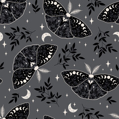 Wall Mural - Seamless magic gray vector pattern. Butterflies, herbs, stars. Bohemian fabric design. Contemporary composition.