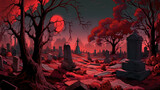Fototapeta Do pokoju - llustration of a cemetery in halloween in red tone colors. fear horror