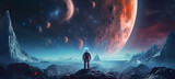 Fototapeta Kosmos - Astronaut in space on alien planet A man stands on a cliff looking at a planet with the stars in the sky The earth from the movie. AI Generative
