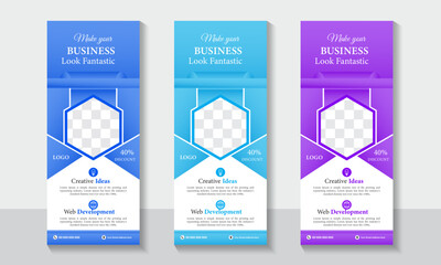 3 color bundle of business roll up banner stand design template with clean mockup layout 2023. X banner, dl flyer, pop up, pull up design for company marketing and advertising