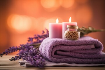  Relaxing spa ambience with towels, candle, lavender, and blurred background. Generative AI