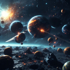 Wall Mural - Planetary collisions and explosions in space. Generative Ai