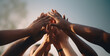 © bagotaj - Work together, support each other, diversity, unity concept with many hands put together in the air. Hands of people of different colors. Generative AI image.