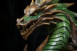 Fototapeta Konie - Sragon. Green wooden dragon. Dragon head made of wood. Chinese dragon