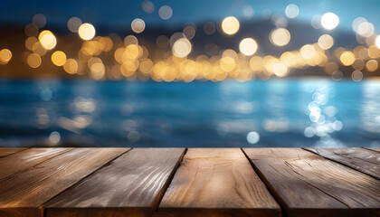 Empty wooden floor for product display montage with blurred sea background