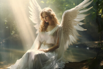 Ethereal and heavenly guardian angel watching over a peaceful scene