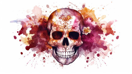 Watercolor painting in shades of maroon of a sugar skull or Mexican catrina. Day of the Dead