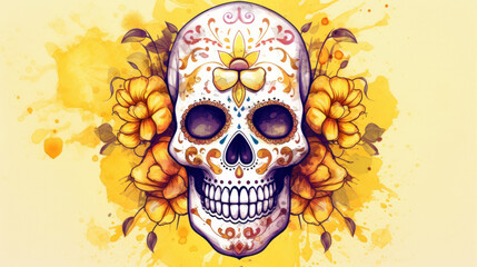 Watercolor painting in shades of yellow of a sugar skull or Mexican catrina. Day of the Dead