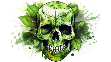 Watercolor painting in shades of green of a sugar skull or Mexican catrina. Day of the Dead