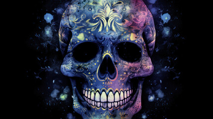 Watercolor painting in shades of dark blue of a sugar skull or Mexican catrina. Day of the Dead