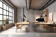 © Sofia - Contemporary coworking space with concrete and wooden interior, showcasing an empty wall mockup, furnished with diverse items. Ideal for commercial workplaces. Generative AI