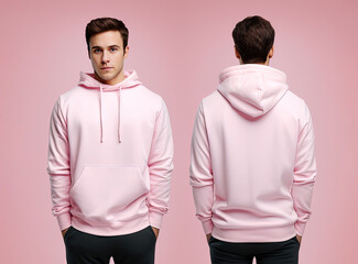 Front and back view of a pink hoodie mockup for design print