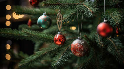 Close-up of a Christmas tree branch with glass ball ornaments.