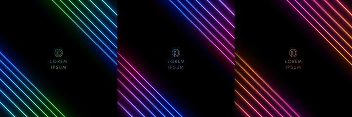 Wall Mural - set of abstract pink, blue, green, golden glowing neon lighting lines pattern on black background. c