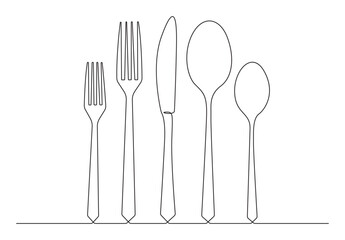 Wall Mural -  Continuous single line drawing. Fork, spoons, knife plates and all eating and cooking utensils, can be used for restaurant logos, cakes, business cards, banners and others. Vector illustration. 