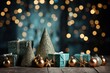 Merry Christmas or Happy New Year! Christmas gift boxes and christmas tree on wooden table against defocused lights. A Cozy Turquoise Christmas Background with Bokeh Lights and Christmas Tree