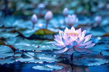 Aufkleber - An abstract portrayal of a serene lotus pond, with delicate petals and serene blue hues.  