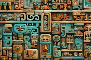 Poster - An image featuring abstract interpretations of Maya hieroglyphic writing, with intricate symbols and earthy tones.