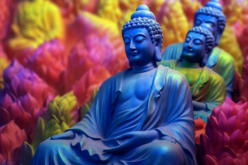 Poster - An abstract interpretation of Kushan Buddha statues, with serene forms and soothing colors.  