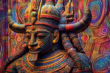 Aufkleber - An abstract portrayal of Kanishka the Great, a renowned Kushan ruler, with dynamic forms and regal colors. 