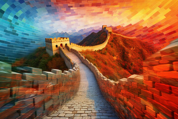 Aufkleber - Abstract compositions capturing the Great Wall of China from various perspectives, with dynamic angles, bold shapes, and contrasting colors that convey a sense of movement and energy.  
