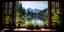 A Window With A View Of A Lake And Mountains. Window View From Wooden Window .