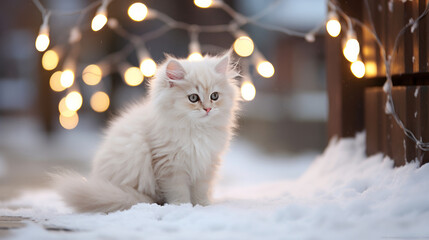 Gato blanco adorable en la nieve en navidad con luces difuminadas. 