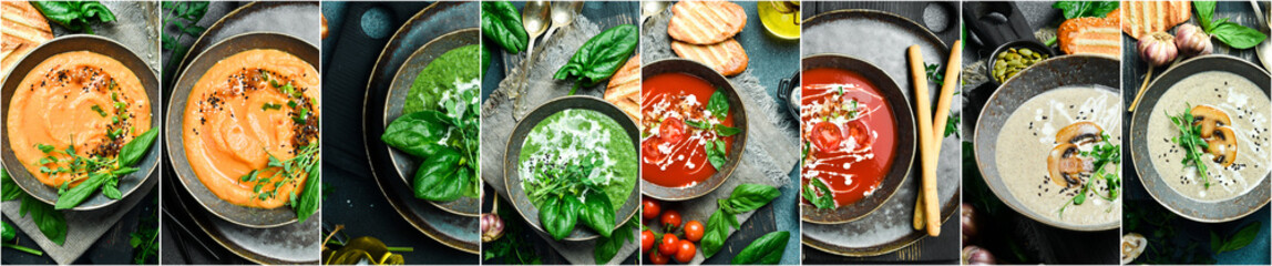 Wall Mural - Food background. A set of colored soups in bowls. Photo collage.