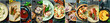 Collage of food in the dishes. Hot meals and cold snacks.
