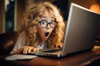 Shocked and surprised girl on the internet looking into computer