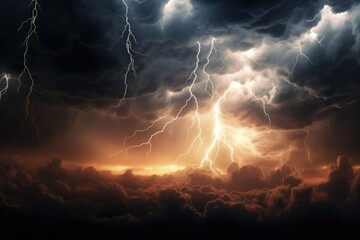 Canvas Print - a powerful lightning storm illuminates the dark sky with dramatic clouds. perfect for adding intensi