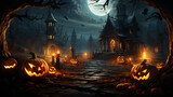 Fototapeta Big Ben - painting of Halloween pumpkin head jack lantern with burning candles, Spooky Forest with a full moon
