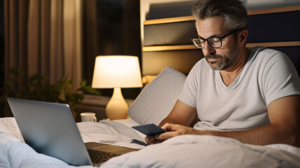 Male doze off, nod off and snooze while using his laptop in bedroom