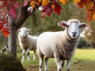 Canvas Print - Autumn Countryside Landscape with Sheeps