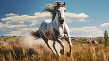 Beautiful, Wild, Light Gray With Dark Spots, The Horse Runs Quickly Across The Field, Raising Dust Behind It