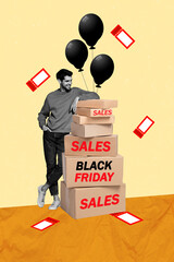 Sticker - Fast shipment concept of black friday sales collage young guy received pile packages satisfied free coupons isolated on yellow background