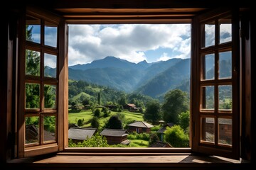  an open window with a view of a mountain range. Window view from wooden window .