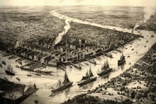 Vintage Aerial View Of New Orleans, Louisiana In 1885. Generative AI