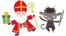 Happy And Cute Saint Nicholas - Sinterklaas And Krampus Celebrate Saint Nicholas Day - Vector Illustration Isolated On Transparent Background