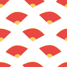 Seamless Pattern Chinese Fan, Red. Vector Cartoon
