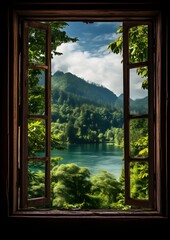  an open window with a view of a lake and mountains. Window view from wooden window .