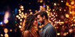 Brunette american model couple, happy smiling man and woman in love, golden bokeh background, outdoors at night. Concept of party, disco, new year, dinner, desire, christmas, bridal, celebration night