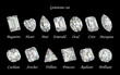 Set of diamonds in different cuts in perspective. Cutting scheme. Crystals on a black background. Jewelry technologies. 3d rendering.