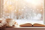 Fototapeta  - cup of coffee on a windowsill with a book. cozy winter scene 