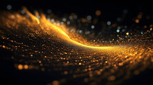 Digital Gold Particles Wave And Light Abstract Background With Shining Floor Particle Stars Dust. Futuristic Glittering Luxury Golden Sparkling On Black Background.