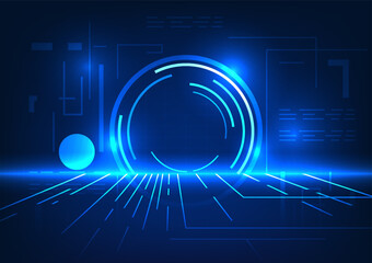 Technology circle On the back is a composition of lines on the floor that form interconnected circuit lines. Concept of a doorway into the virtual world of technology used for learning and entertainme