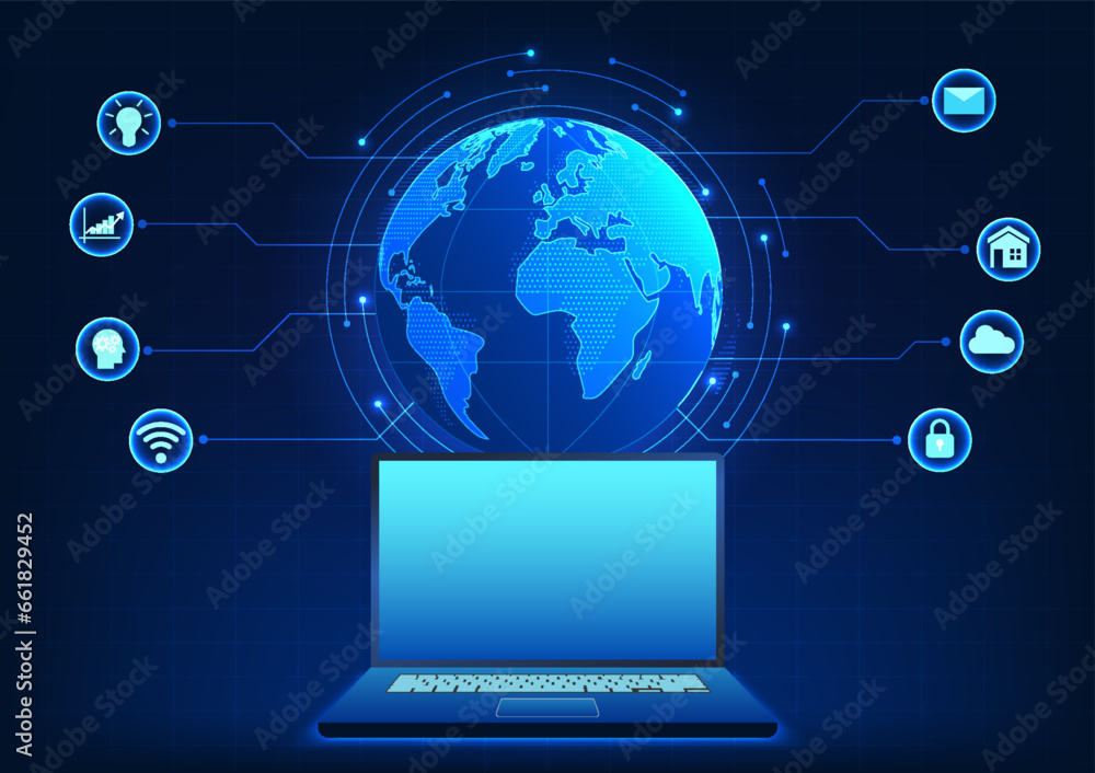 Computer technology on the back of a globe with connected icons It ...